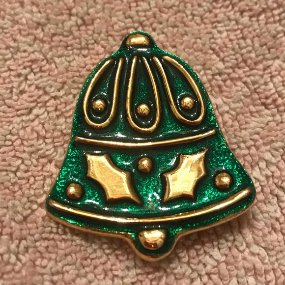 VTG CHRISTMAS Green + Goldtone Bell - Picture 1 of 5